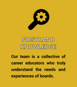 Firsthand Knowledge. Our team is a collective of career educators who truly understand the needs and experiences of boards.